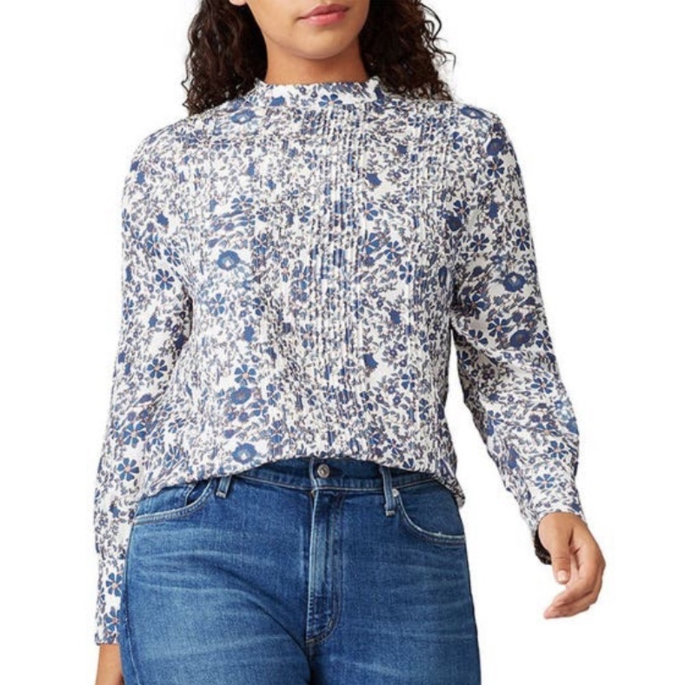 Apiece Apart Sez Floral Printed High Neck Pintuck Pleated Silk Blouse Blue Sz 12